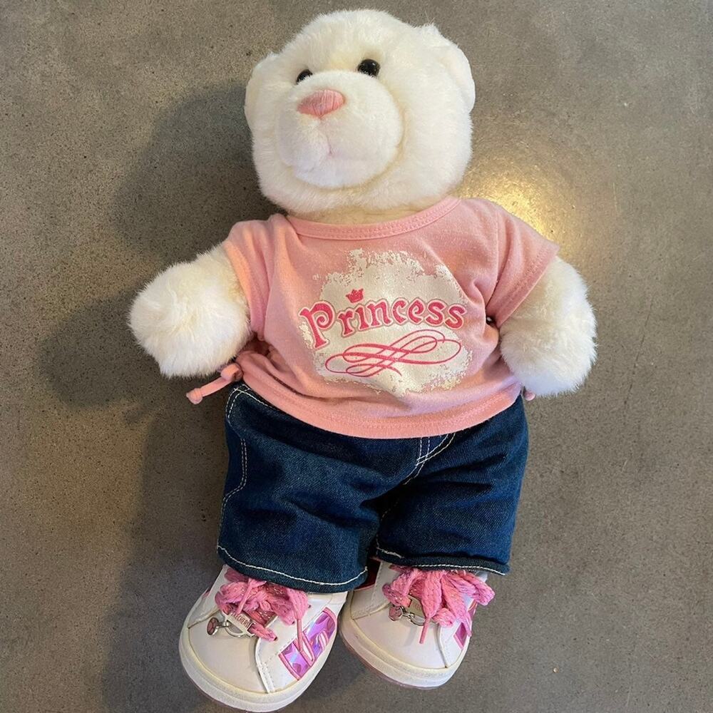 BAB build a bear white bear pink princess tee jeans sketchers shoes clothes set